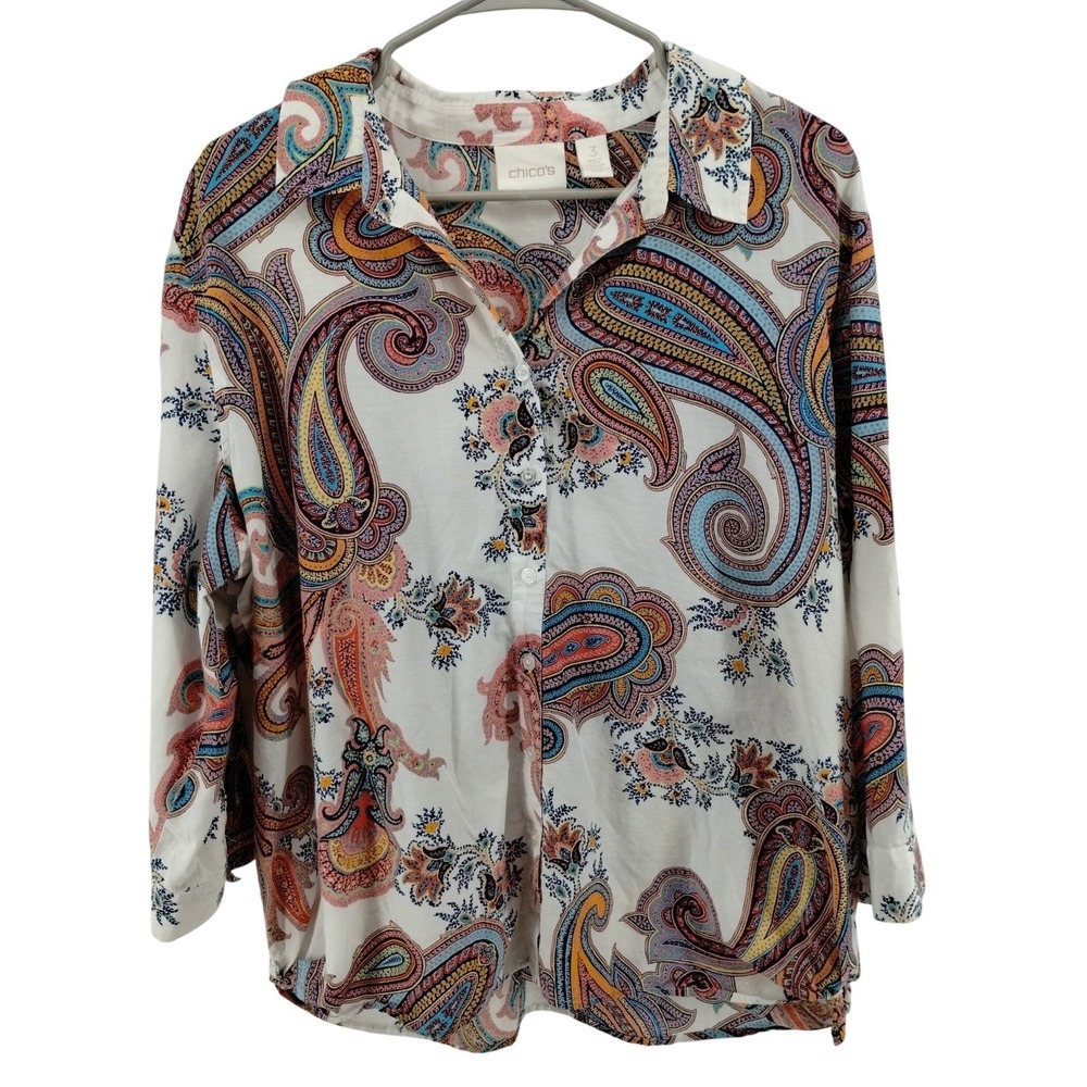 Chicos Silk Blend Button‎ Up Shirt Women Size 3 Paisley Print XL 16